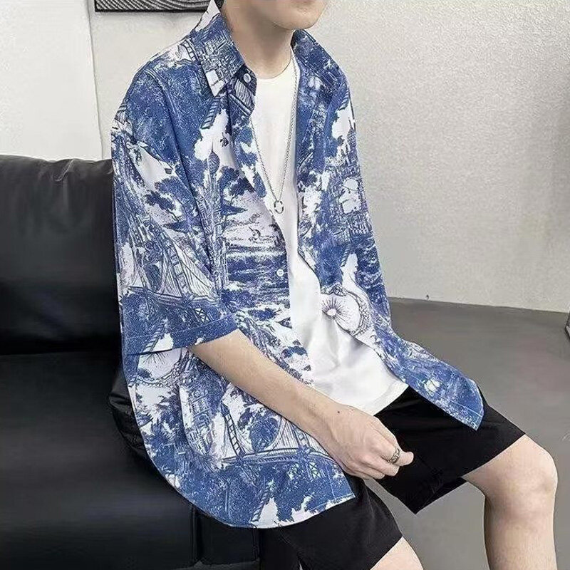 Cardigã de manga curta masculino, camisa com gola virada para baixo, moda de rua alta, casual com tops soltos, estampa Y2K, estilo coreano, verão