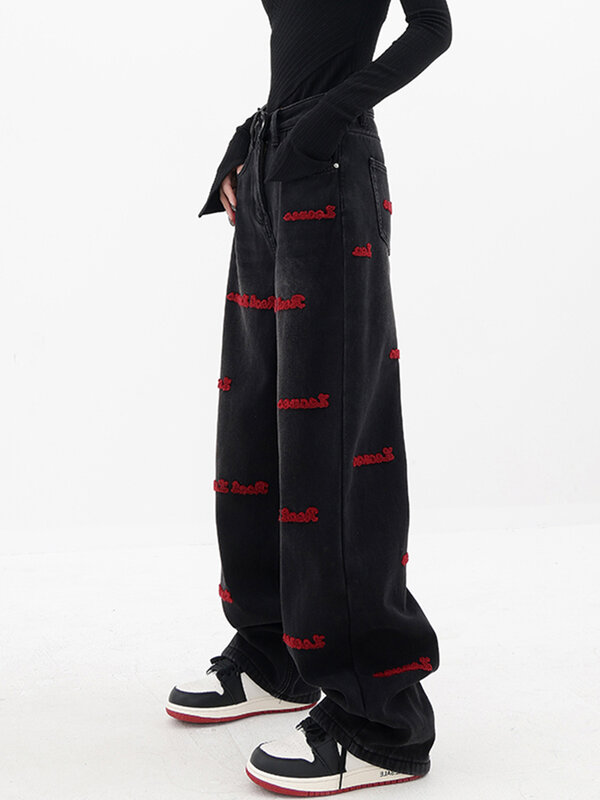 신상품 배 모양 하이웨스트 슬림 스트레이트 와이드 레그 청바지 여성용, 자수 넓은 다리 바지 Y2K, 자수, 봄 상품