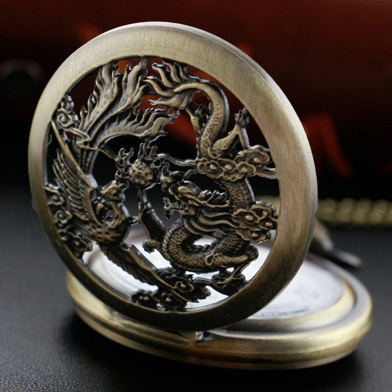 Dragon Undead Bird Display Quartz Pocket Watch Vintage Bronze Fob Chain Roman Digital Round Dial Necklace Pendant Clock Gift