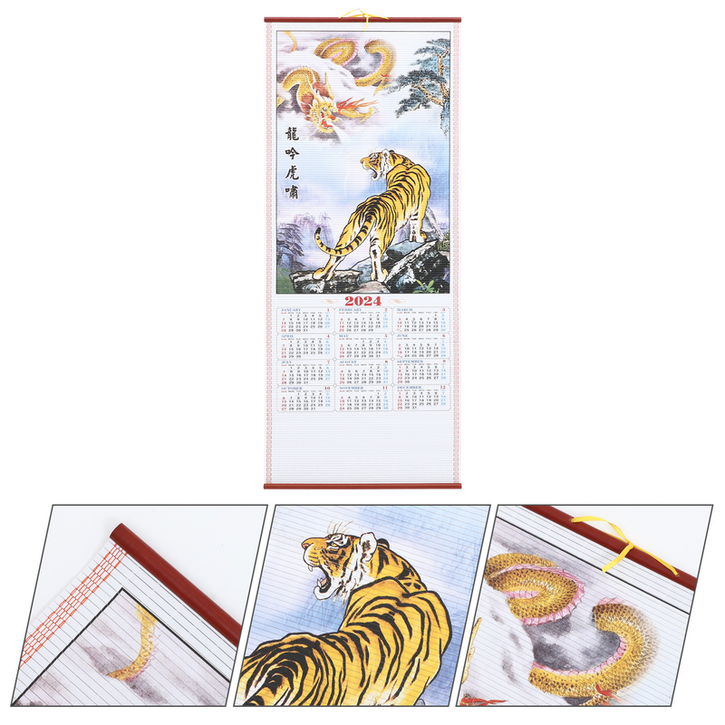 Calendario chino tradicional colgante de desplazamiento, calendario colgante de imitación de bambú para oficina, año del Dragón