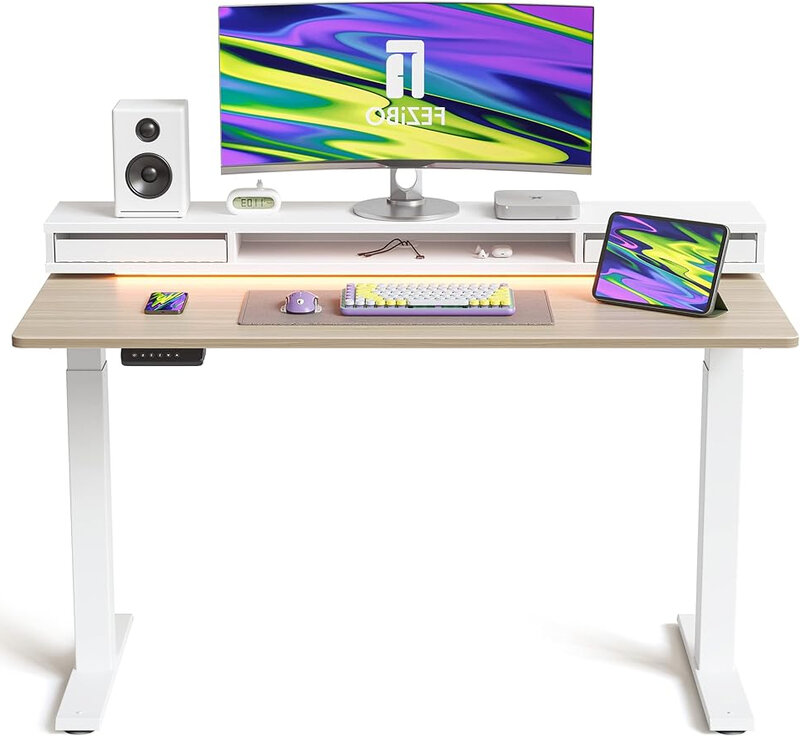 Mesa elétrica com suporte do monitor, mesa de altura ajustável, barra de LED, 2 gavetas, mesa de casa, noz leve, 55x26 pol