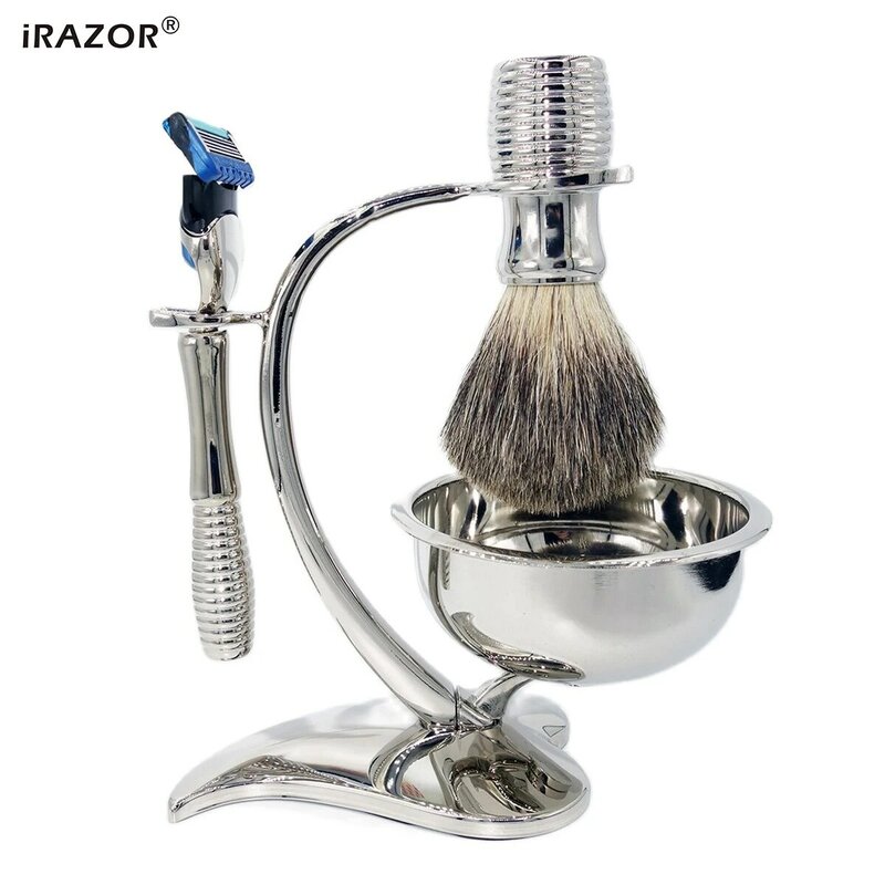 iRAZOR Unique Men's 5-Layer Fusion Razor Shaving Bowl and Badger Hair Brush Set Beard Grooming Tools Gifts Kit for Men
