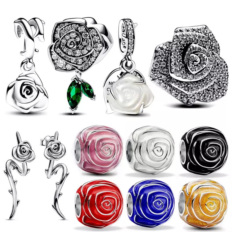 925 Sterling Silver Grand Rose Bloom Collection Fit Original Pandora Charm Beaded Necklace Earrings Women's Jewelry Making Gift