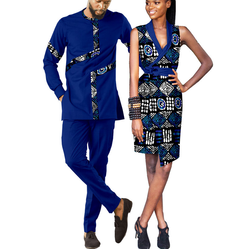 Pasangan Afrika Wanita cetak lilin katun mode Patchwork gaun Panas & Pria 2 potong kemeja dan celana set v232C040