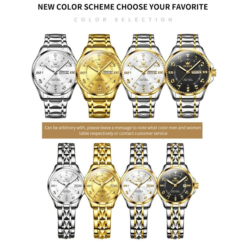 OLEVS marka luksusowe zegarki kwarcowe dla par ze stali nierdzewnej wodoodporna świecąca data miłośnicy mody zegarek dla mężczyzn i kobiet zegar