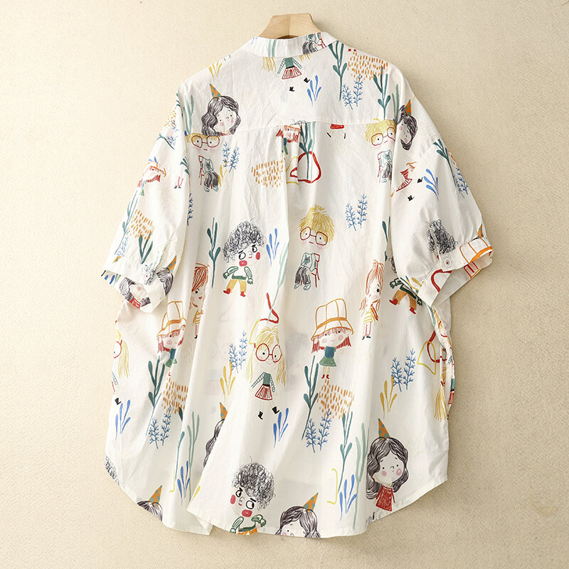 Camisa de manga corta con estampado de dibujos animados para mujer, blusa holgada informal de algodón japonés para verano, X1101, 2024