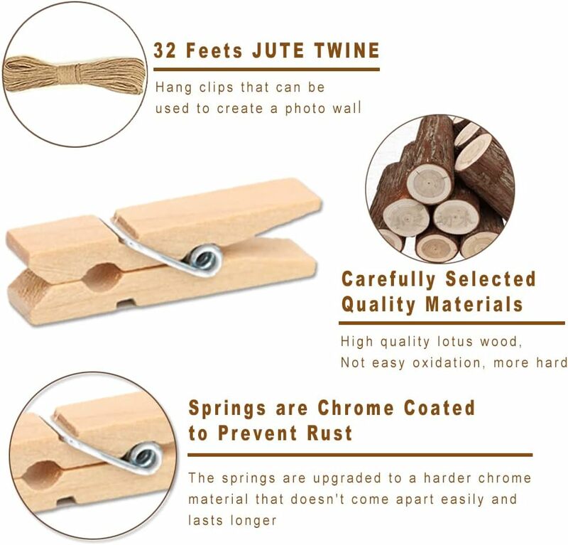 Mini pinces à linge en bois, ULde chanvre gratuite pour murs photo, petits clips en bois artisanaux, bricolage, 1 ", 10, 20/50