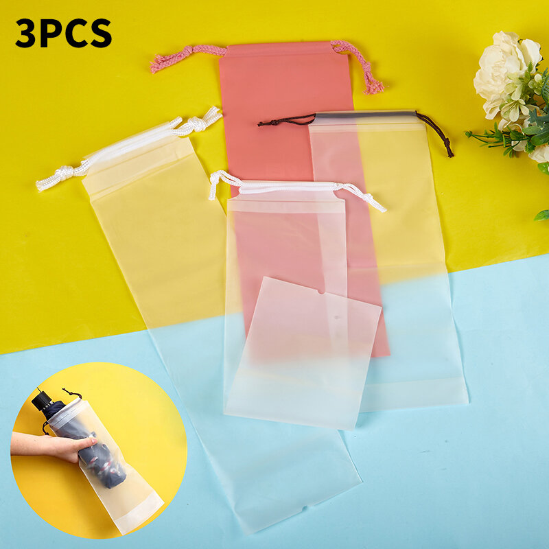 3PCS Plastic Bag Matte Translucent Umbrella Storage Bag Reusable Portable Umbrella Drawstring Storage Cover Home Organizer