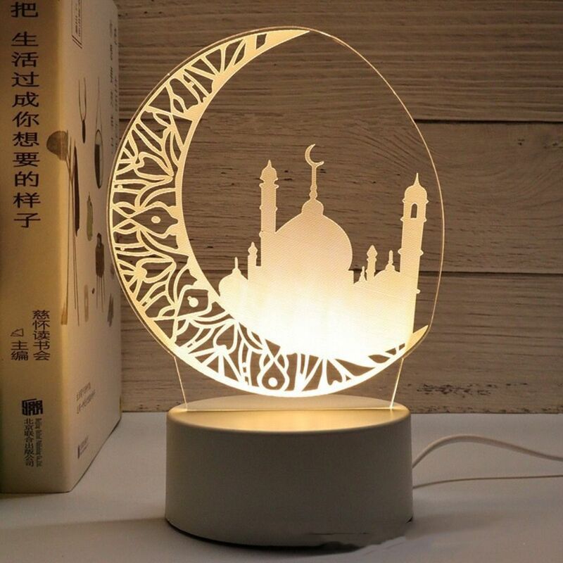 Lampu malam akrilik USB hadiah Lebaran 2024 3D lampu LED, Perlengkapan Pesta ornamen Festival bulan istana Ramadan