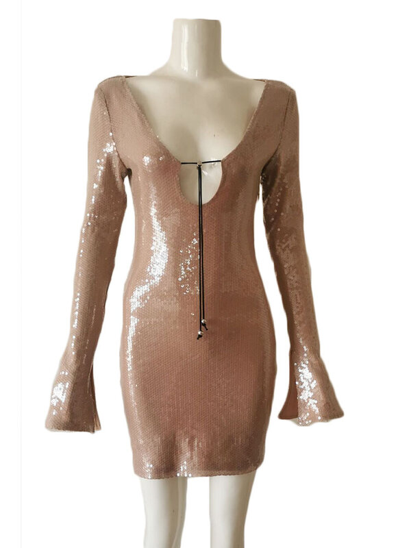 Gaun Mini ketat lengan panjang leher V logam tali tarik payet mewah baru seksi gaun Mini Bodycon pesta malam klub 2023