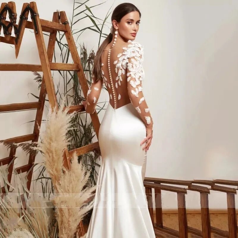 Ilusi gaun pernikahan tanpa punggung gaun pengantin wanita applique lengan panjang gaun pengantin elegan Formal pesta pantai 2024 Vestidos De Novia