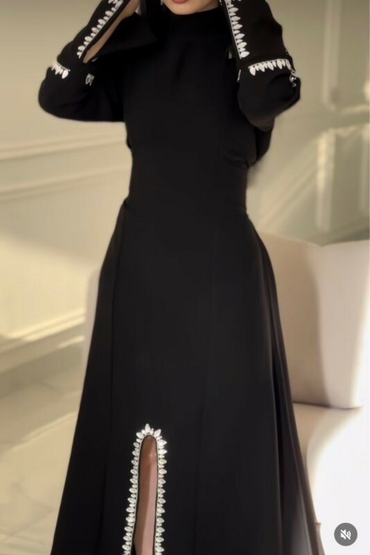 Vestidos de Fiesta formales de manga larga con diamantes de imitación y cuello alto para mujer, vestido de noche con abertura frontal, color negro, Estilo Vintage, Arabia Saudita