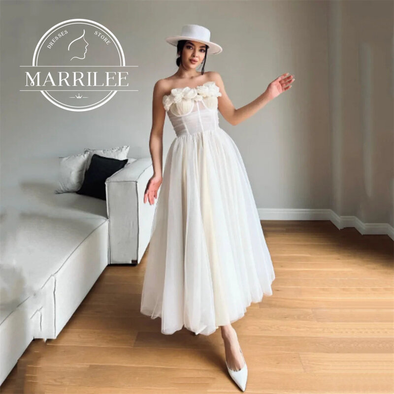 Marrilee Elegant 3D Flower Ankle Length Evening Dress Charming Strapless A-line Sweetheart Sleeveless Prom Gowns Formal Occasion