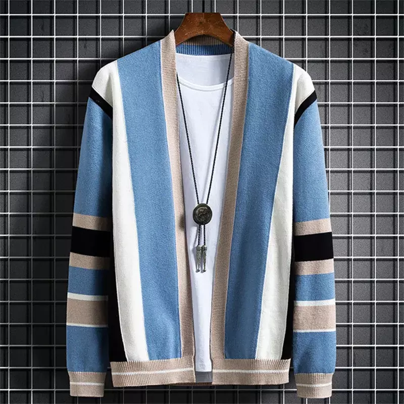 Cardigan de malha manga comprida masculino, suéter listrado, casaco justo, streetwear, jaqueta de moda, primavera, outono