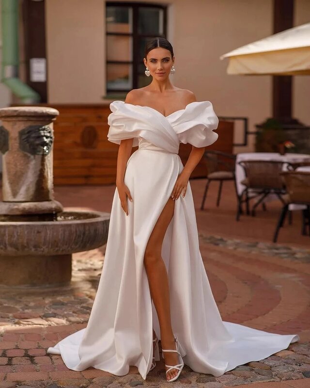 Gaun pernikahan Satin anggun gaun pengantin leher perahu jubah A-Line bahu untuk pesta Formal belahan samping Vestidos De Novia