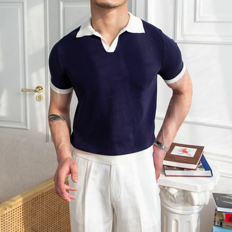 Camisa polo masculina respirável de malha curta, lapela com painéis, top elástico inteligente, moda casual versátil, na moda