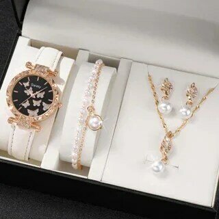 5PCS  Women  Black Leather Strap Quartz Clock Fashion Ladies Jewelry Wristwatches Set
