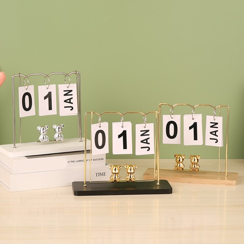 Calendario escritorio, calendario permanente, adorno escritorio oficina, anillos hierro, calendario abatible con
