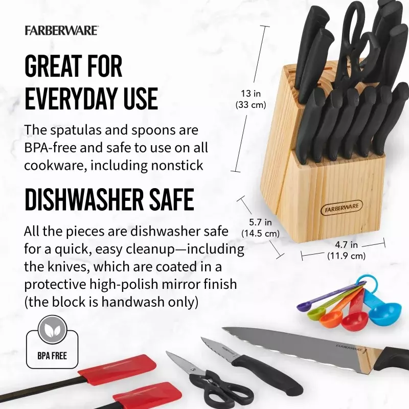 Farberware Classic 23 pezzi non ha mai bisogno di affilare posate e utensili in acciaio inossidabile lavabili in lavastoviglie in nero