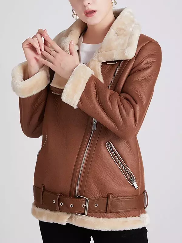 Manteau en Fourrure de Mouton pour Femme, Veste d'Hiver, Optique, Faux Cuir, Épissé, Happator Outwear, Casprogressif, 2023