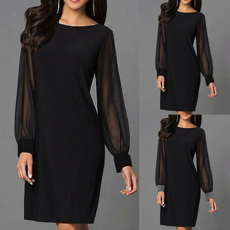 Gaun lengan panjang wanita, gaun Bodycon warna Solid, gaun hitam lurus untuk wanita, gaun pesta payet elegan Mini berkilau 2024