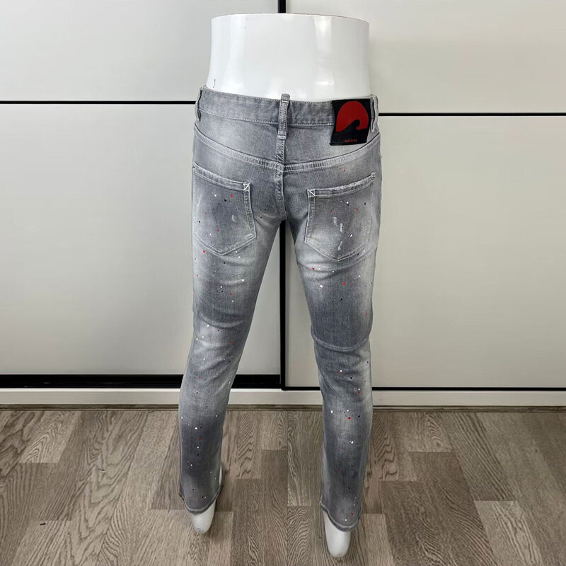 Уличные модные мужские джинсы в стиле ретро, серые эластичные рваные джинсы скинни с рисунком и дырками, мужские Заплатанные дизайнерские Брендовые брюки в стиле хип-хоп