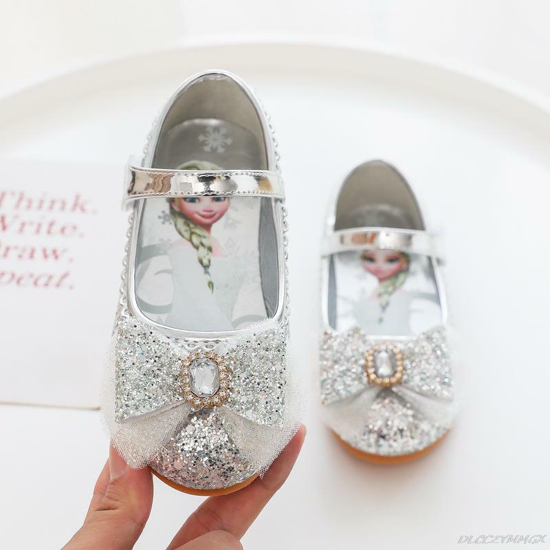Desenhos animados infantis Elsa Soft Bottom Princess Shoes, Sapatos de cristal congelado, Couro Flat Flower Girl