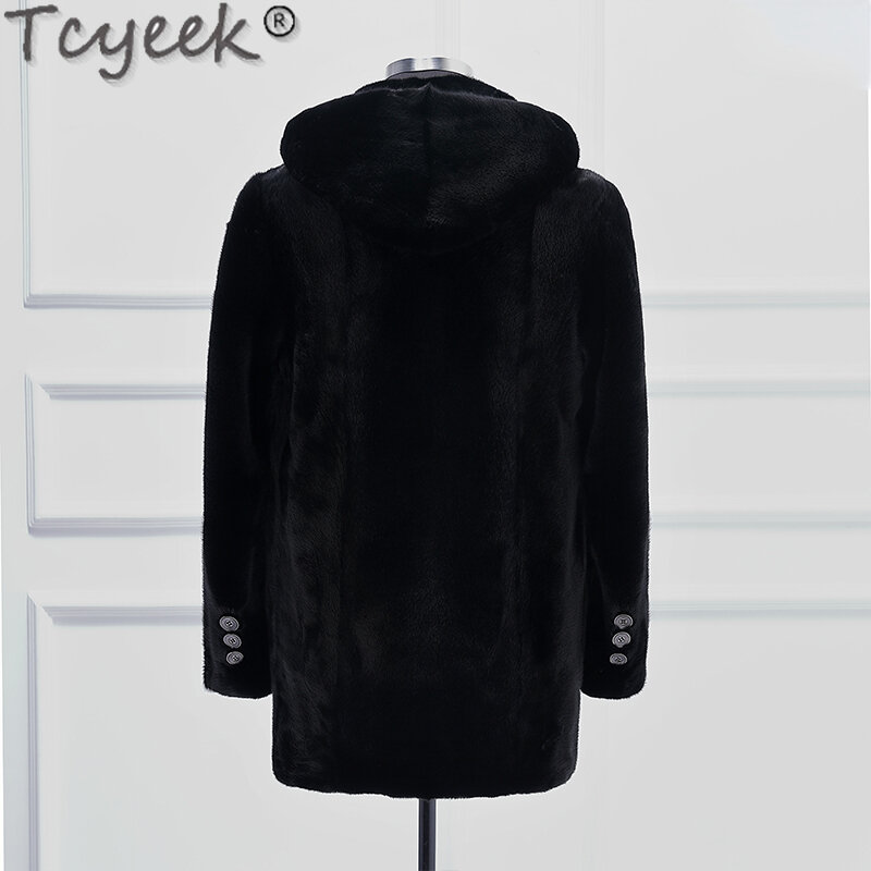 Tcyeek-casaco de pele de vison masculino e feminino, casaco de pele com capuz médio, roupas masculinas, quente, natural, alta qualidade, inverno