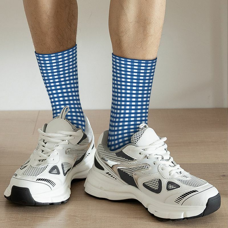 Meias unissex para impressão 3D Kawaii, meias fashion, padrão xadrez azul, meias de vestido para homens e mulheres