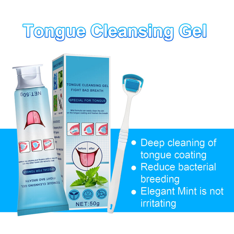 Higiene Oral Completa com Gel de Limpeza de Língua Suave, Respiração Fresca, Remover Revestimento e Cuidados com a Boca, 50g