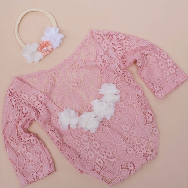 Newborn Girls Photography Lace Romper with Headband Infant Photography Props Newborn Girl Photoshoot Outfits Baby Showers Gifts