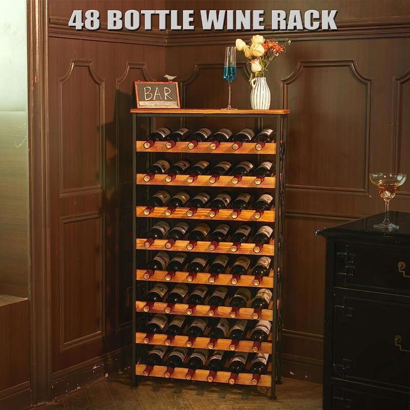 Напольная Винная стойка на 48 бутылок с деревянным верхом, отдельно стоящая полка-органайзер для винных бутылок, 8 ярусов, без воблера, подставка для хранения вина