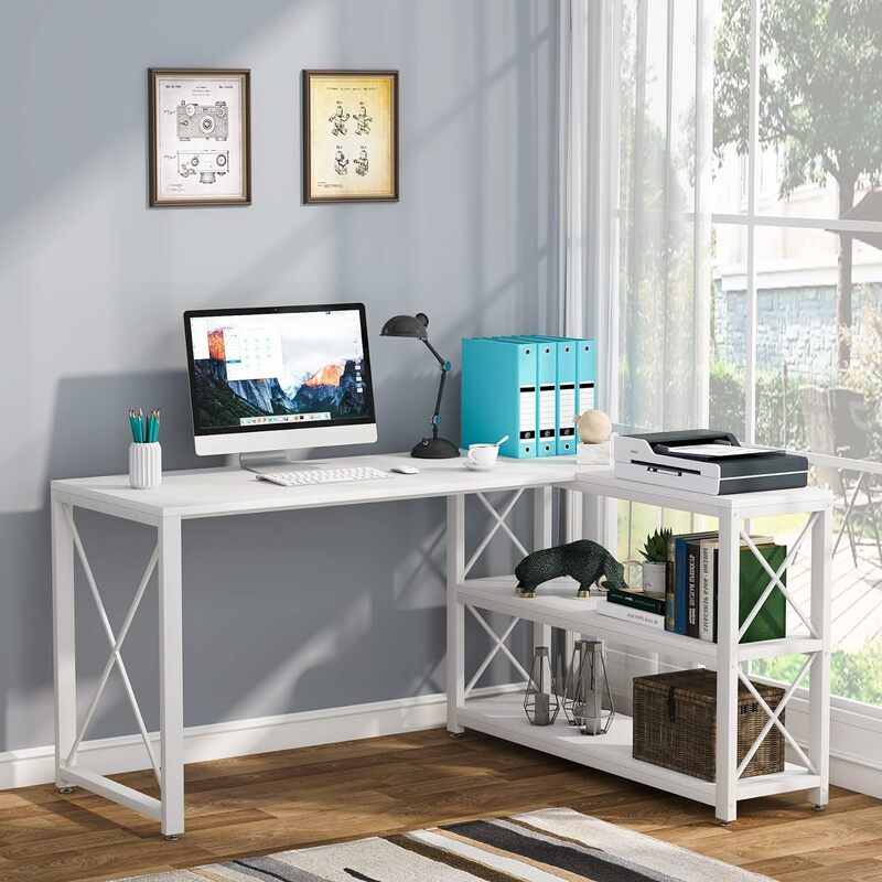 Tribesigns 가역 산업용 L자형 책상, 보관 선반, 코너 컴퓨터 책상, PC 노트북 스터디 테이블 워크스테이션