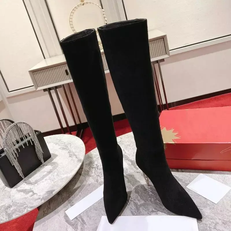 Botas de tacón alto con suela roja para mujer, botines por encima de la rodilla, estilo clásico, diseñador, alta calidad, moda de lujo, 2038HJ