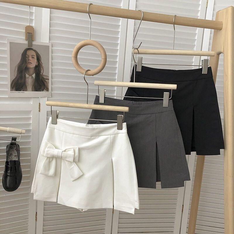 Falda corta de cintura alta con lazo para mujer, pantalones cortos divididos, ropa de calle de verano, gris, versátil