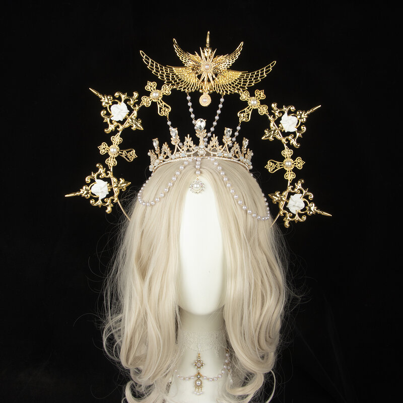 Gothic Lolita Kc Gothic Gold Halo Angel Vleugels Zon Godmother 'S Virgin Mary Godin Hoofddeksel Bead Ketting Bruid Haar Accessoires
