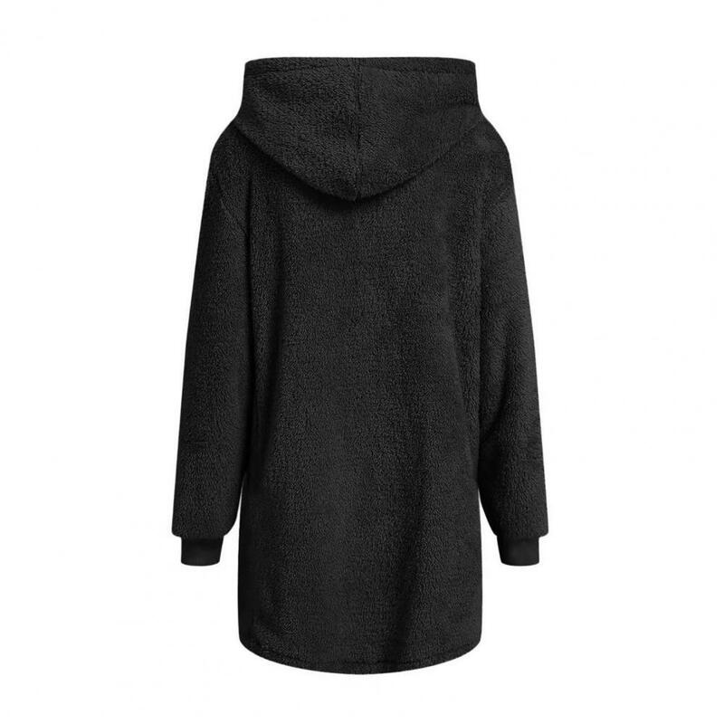 Mantel bertudung nyaman wanita, mantel musim dingin dengan lapisan mewah penutup ritsleting hangat jaket kardigan panjang sedang untuk musim gugur