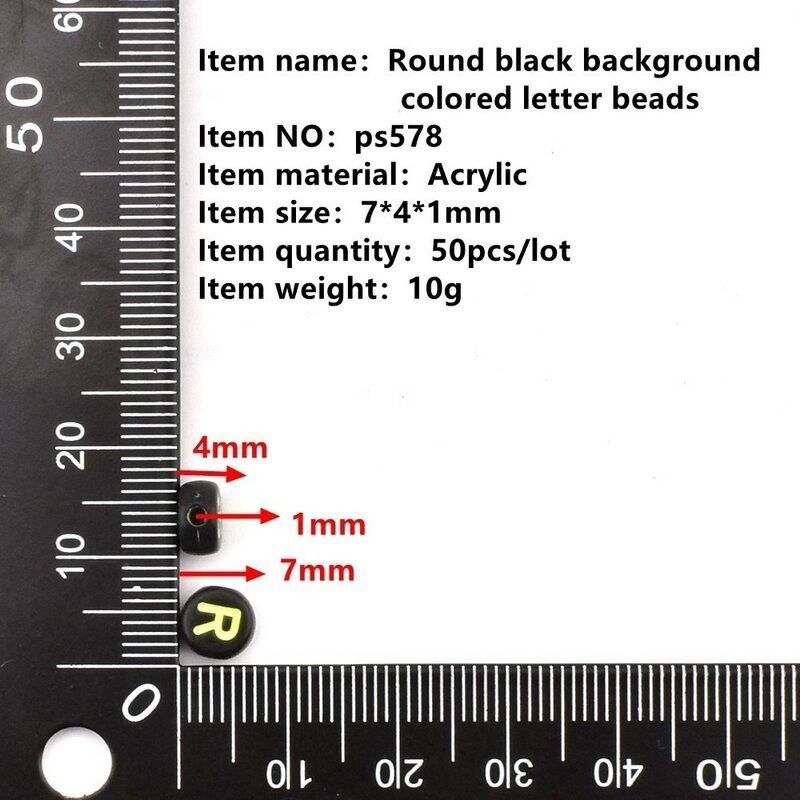 DIY 수제 비즈 아크릴 비즈, 보석 제작용 라운드 블랙 배경 컬러 문자 비즈, 7*4*1mm, 50 개/로트