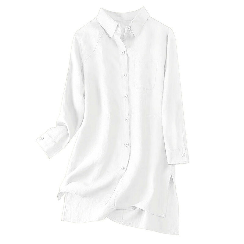 Tops vintage de peito único feminino, camisa de linho e algodão, manga longa, solta, tamanho grande, média, sólida, verão