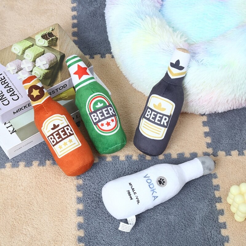Lovely Dog Squeak Toy Small Beer Bottle Toy Interactive Dog Plush- Tug-of-war Toy for Medium Large Dogs