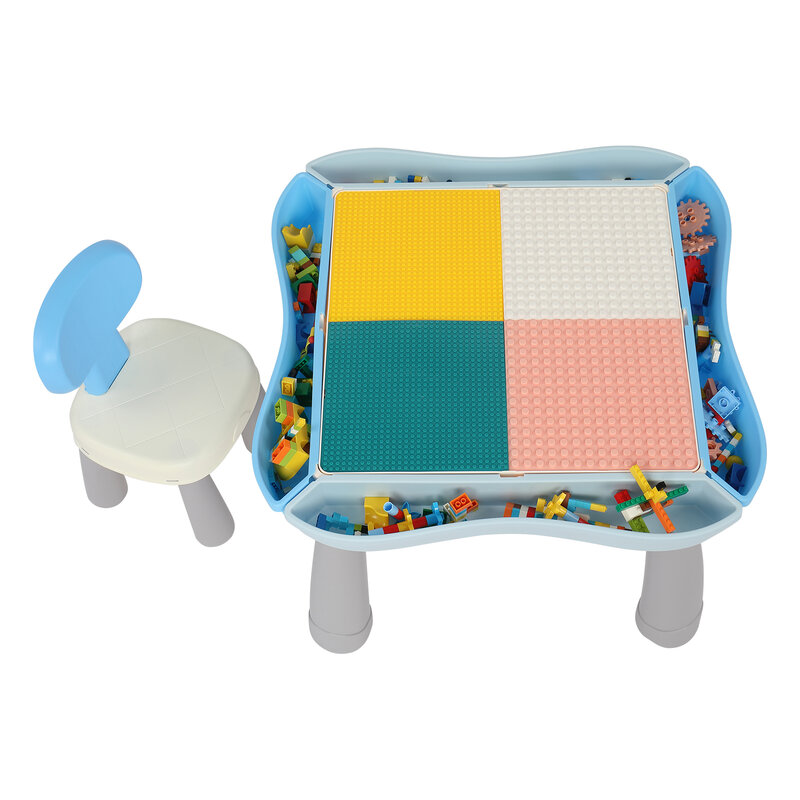 Kids Multi Activity Table Chair Set Include 1 Table + 1 Chair with Storage Area&300PCS Building Blocks Colorful[US-Stock]