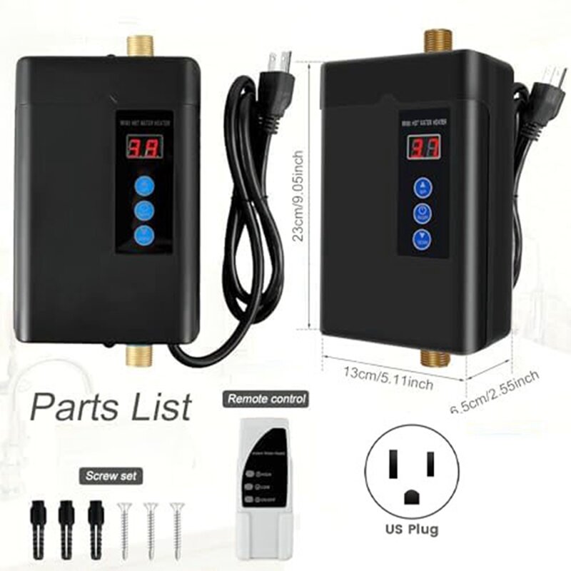 Tankless Water Heater Electric, 3000W 110V Instant Hot Water Heater With Remote Control Digital Display US Plug Durable