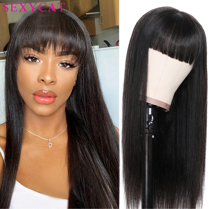 SexyCat-Peluca de cabello humano liso con flequillo para mujeres negras, pelo sin pegamento, hecho a máquina, Color Natural, 1B
