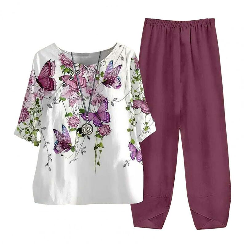 Conjunto Homewear estampado floral feminino, parte superior com gola redonda, manga curta, calça de pernas largas, elegante, confortável