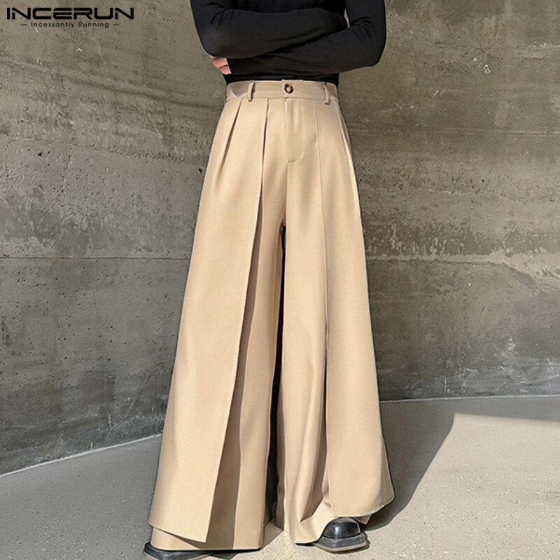 INCERUN-pantalones de estilo coreano para hombre, pantalón falso de dos piezas de pierna ancha, informal, holgado, sólido, S-5XL, 2024