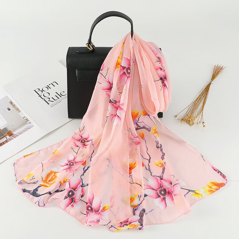 Z kwiatowym wzorem z szyfonu hidżaby jedwabny szalik z nadrukiem kobiety luksusowa plaża ukradł chusty damskie chusty damskie szal elegancka kobieta