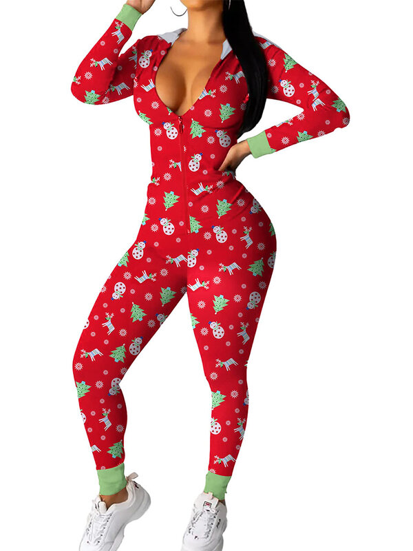 女性のフード付きクリスマスパジャマ,ロンパース,かわいいプリント,長袖,ジッパー,ジャンプスーツ,パジャマ