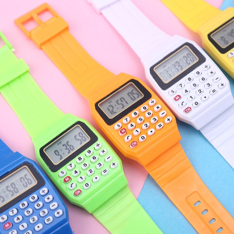 นาฬิกาข้อมือแฟชั่นเครื่องคิดเลขอิเล็กทรอนิกส์สำหรับเด็กใช้งานได้อเนกประสงค์บอกวันที่ทำจากซิลิโคน