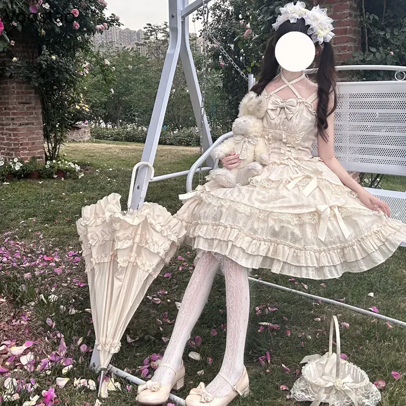 Japońska słodka Lolita Jsk sukienka gotycka damska opaska dziecięca falbany spotkanie przy herbacie sukienki letnie dziewczyny Kawaii Y2k Punk sukienka na szelkach