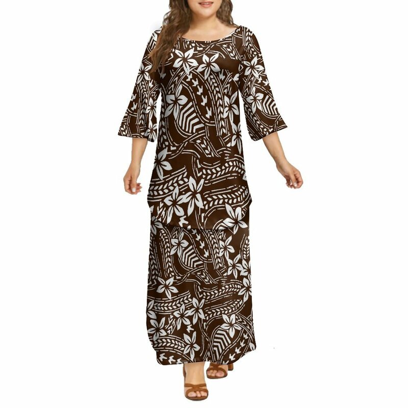 2024 Featured Women'S Flared Sleeve Double-Layer Dress Set Polynesian Tribe Custom Puletassi Ethnic Dress